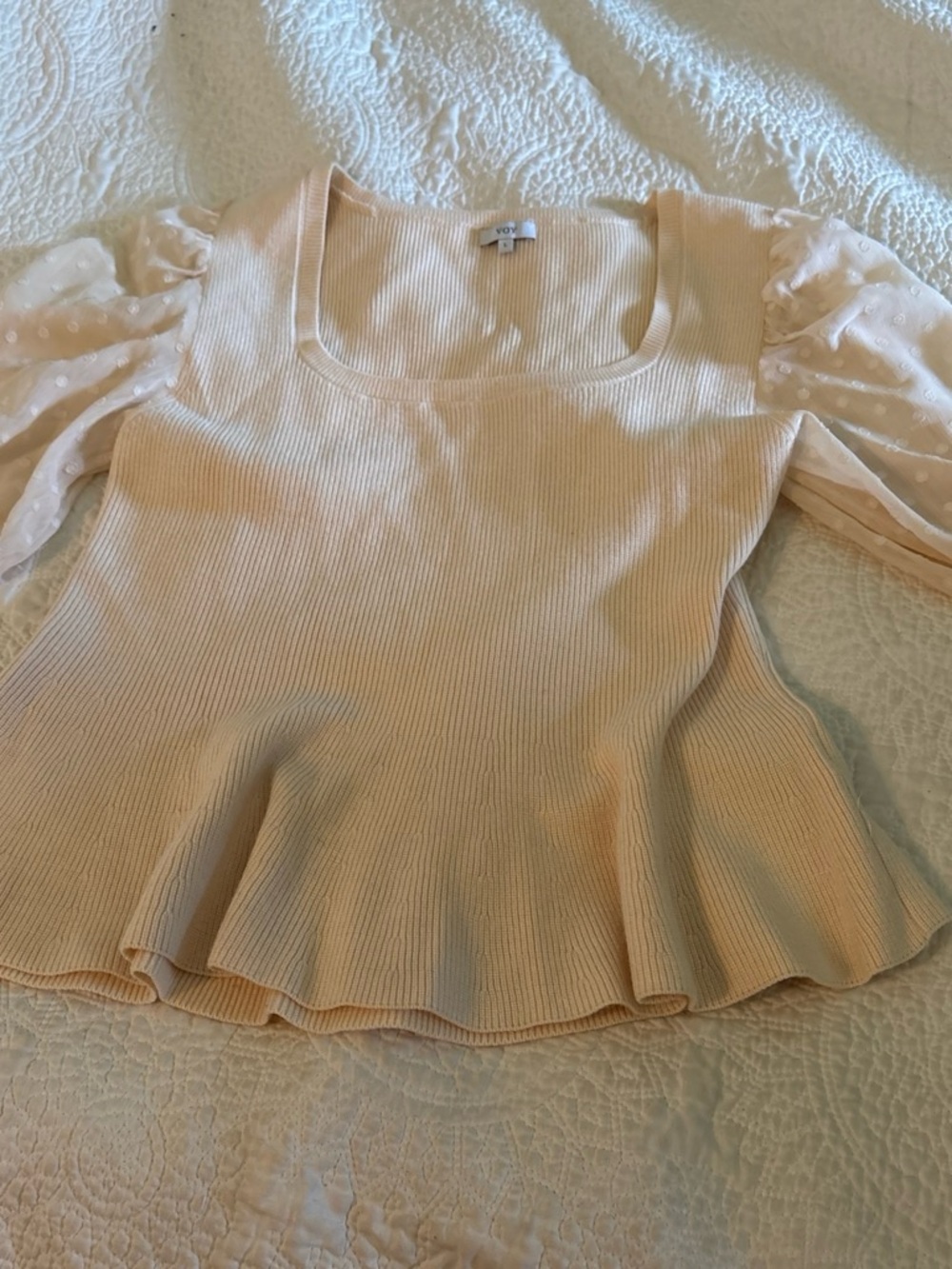 Square Neck Ruffle Hem Top with Puff Swiss Dot Sleeves - Cream